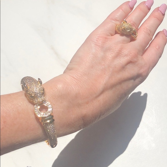Jewelry - Gold Panther Swarovski Crystal Bracelet & Ring Set